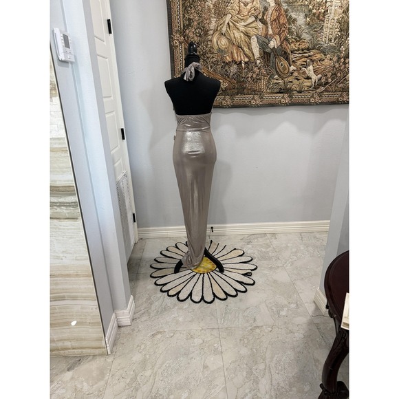 Edge by KS Dress Womens Small Mud Taupe‎ Metallic Cross Halter Maxi Gown D11791A - Picture 5 of 11